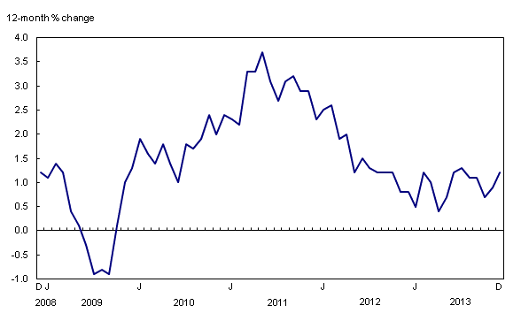 Line chart – Chart 1: The 12-month change in the Consumer Price Index, from December 2008 to December 2013
