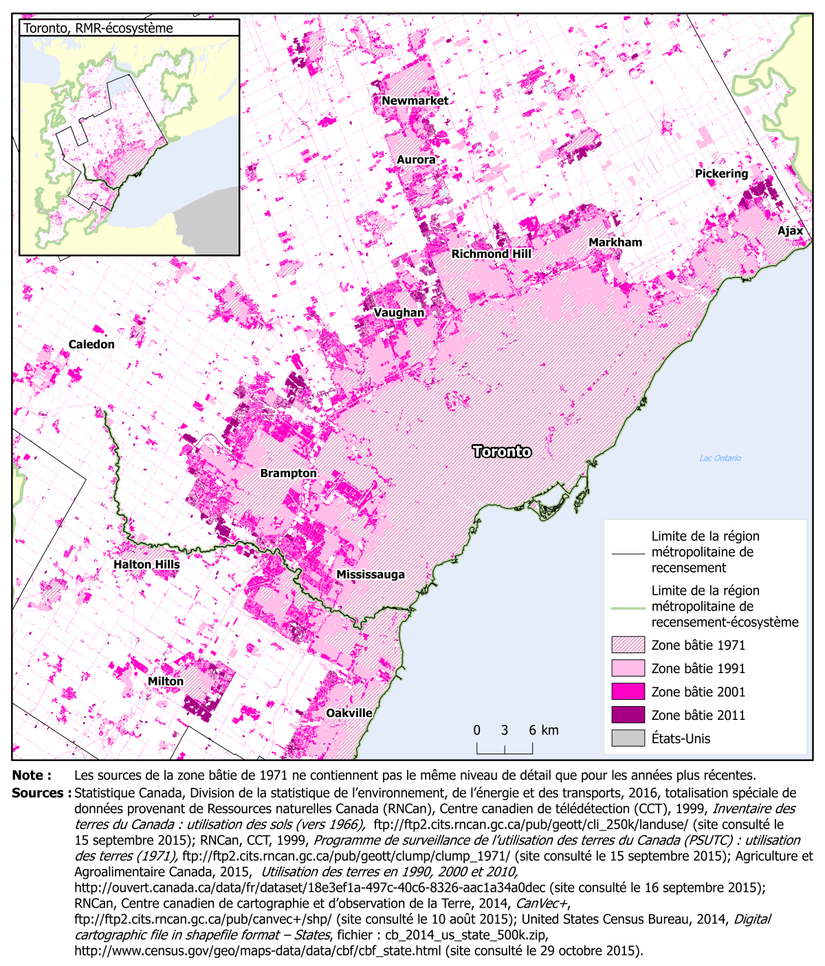 Vignette de la carte 1: Zone bâtie, région métropolitaine de recensement et région métropolitaine de recensement–écosystème de Toronto, 1971, 1991, 2001 et 2011
