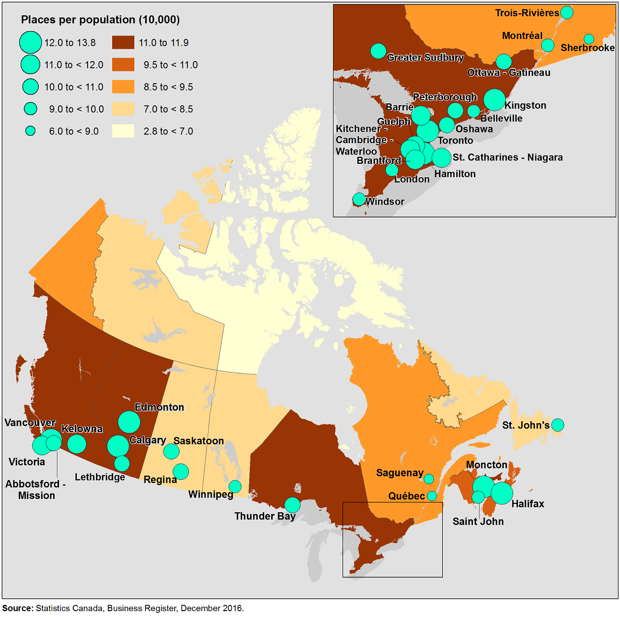 Thumbnail for map 1: Limited-service eating places by province and territory and for selected census metropolitan areas