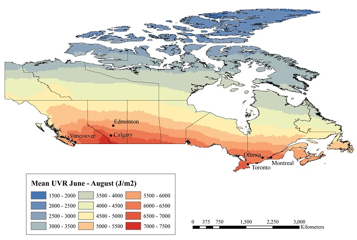 Thumbnail for map 1: Mean ultraviolet radiation for June through August, Canada, 1980 through 1990