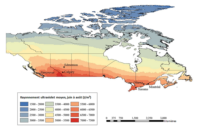 Vignette de la carte 1: Rayonnement ultraviolet moyen de juin à août, Canada, 1980 à 1990