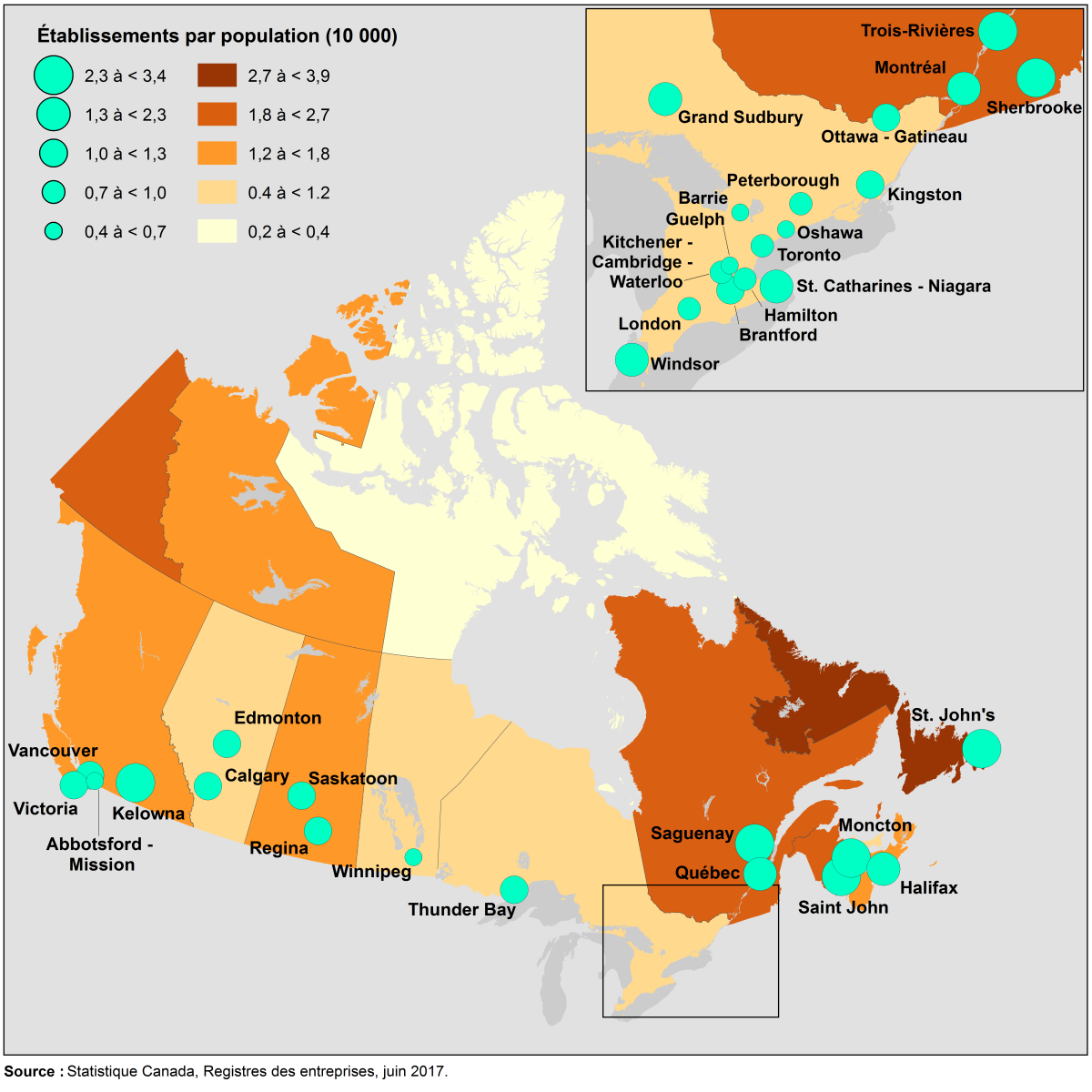 Vignette de la carte 1: Densité des débits de boissons alcoolisées selon la province et le territoire, et pour des régions métropolitaines de recensement sélectionnées