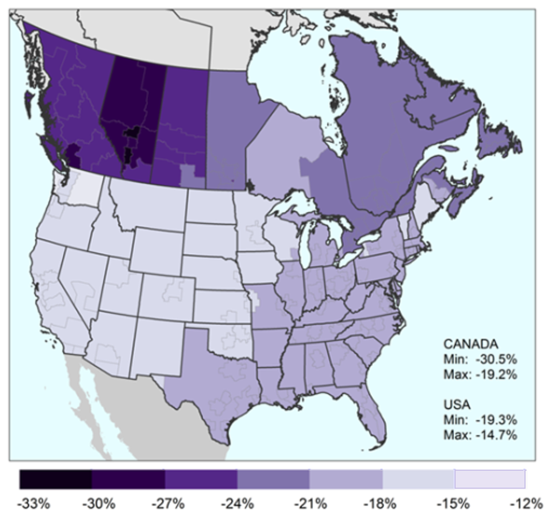 Thumbnail for Infographic 1: Fall in Canada–United States trade resulting from an increase in border costs, by region
