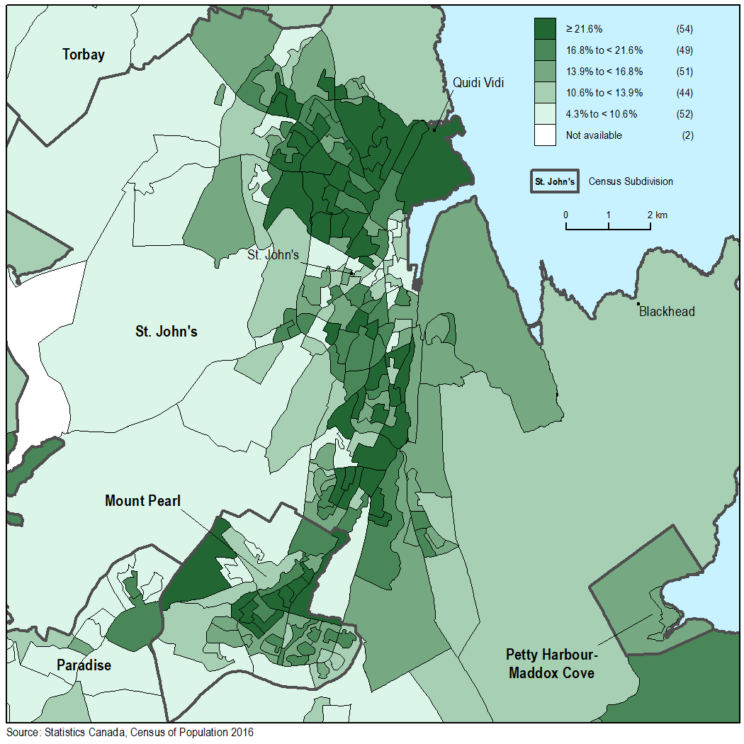 Thumbnail for map 2: Percentage of the population aged 65 and older in St. John's, by dissemination area