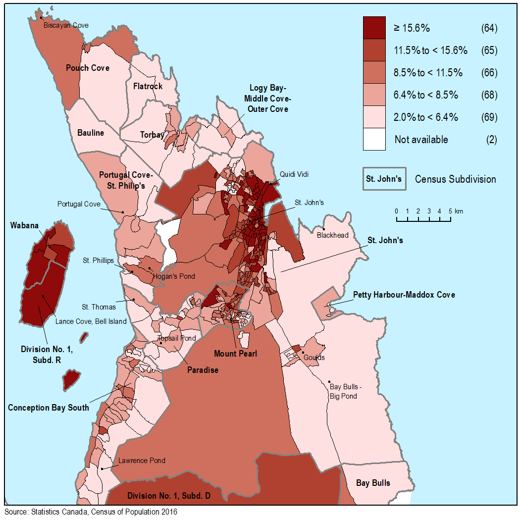 Thumbnail for map 3: Percentage of the population living alone in the northeast Avalon Peninsula, by dissemination area