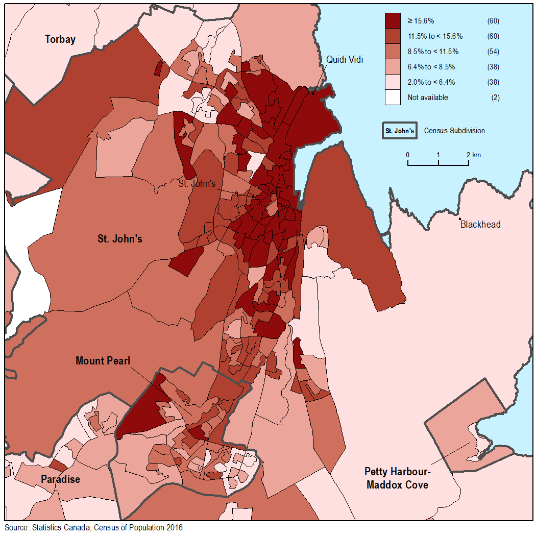 Thumbnail for map 4: Percentage of the population living alone in St. John's, by dissemination area