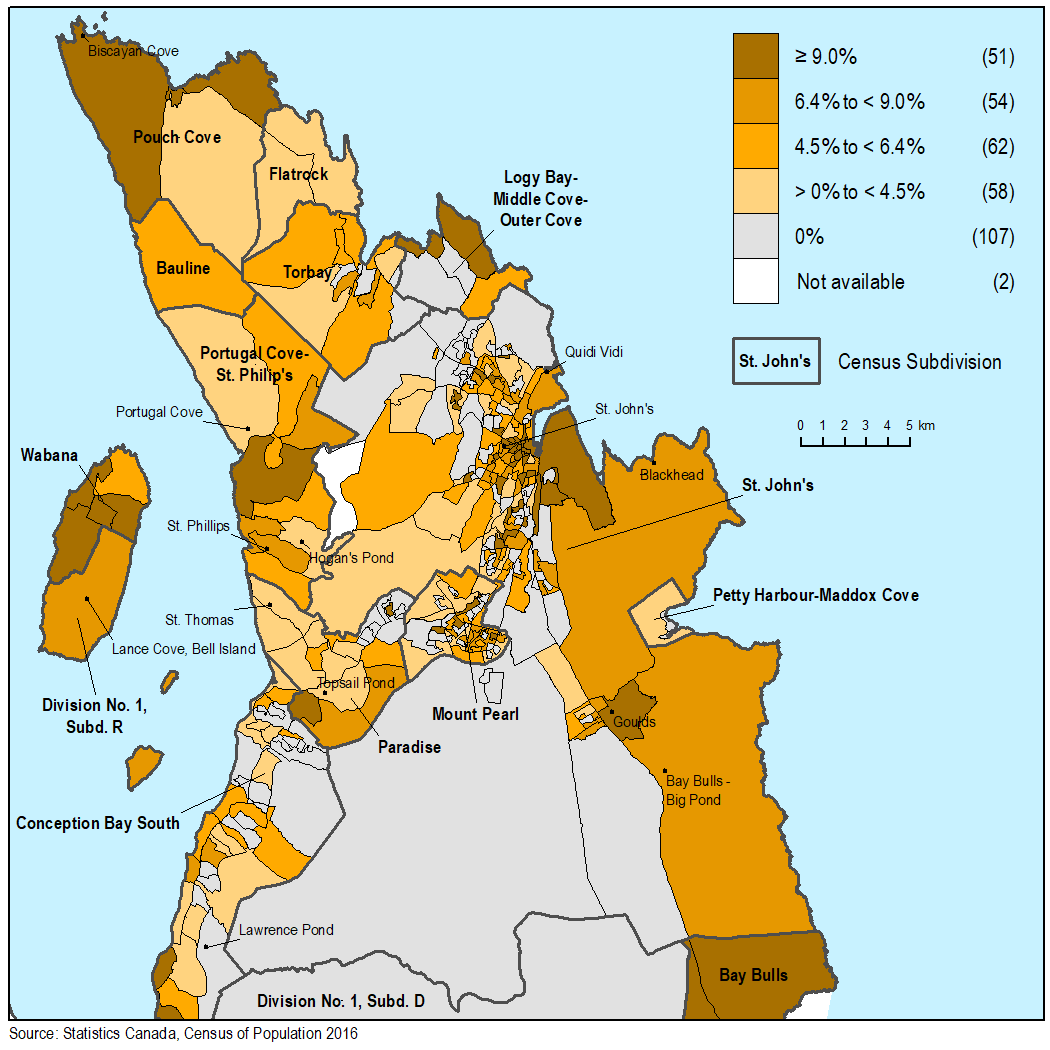 Thumbnail for map 5: Percentage of occupied private dwellings in need of major repairs in the northeast Avalon Peninsula, by dissemination area