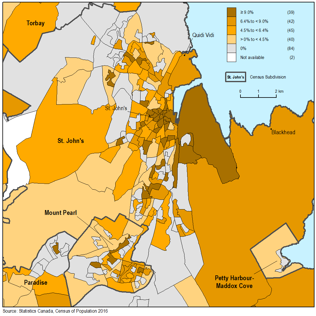 Thumbnail for map 6: Percentage of occupied private dwellings in need of major repairs in St. John's, by dissemination area