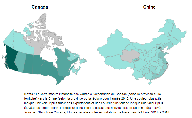 Vignette de la carte 1: Exportations de biens des provinces et territoires canadiens vers les provinces et les régions de la Chine, 2018