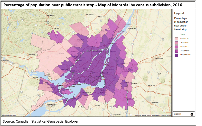 Thumbnail for map 3: Percentage of population near public transit stop - Map of Montréal by census subdivision, 2016 