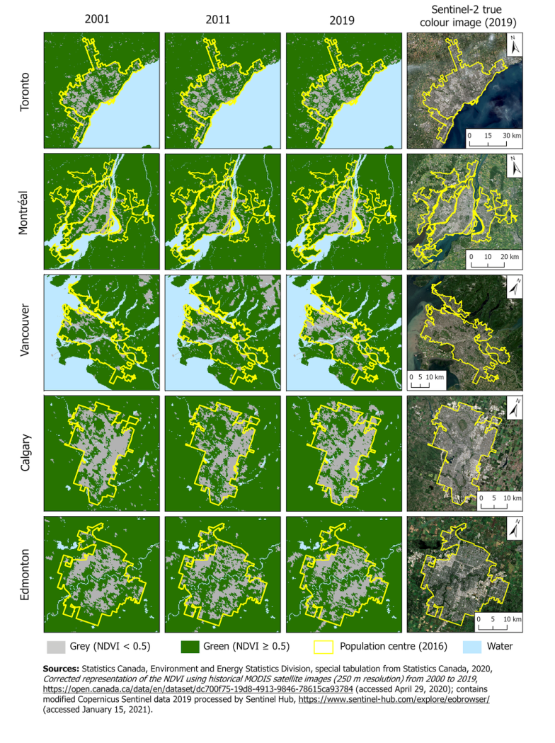 Thumbnail for map 2: Urban greenness, top five population centres, 2001, 2011 and 2019