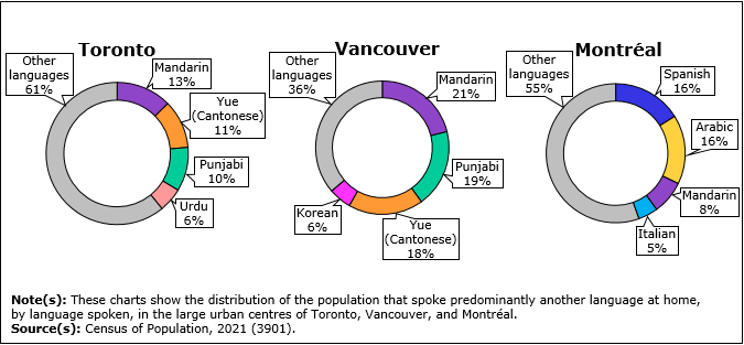 Thumbnail for Infographic 7: Mandarin is the main non-official language spoken predominantly at home in Toronto and Vancouver, while in Montréal, it is Spanish and Arabic