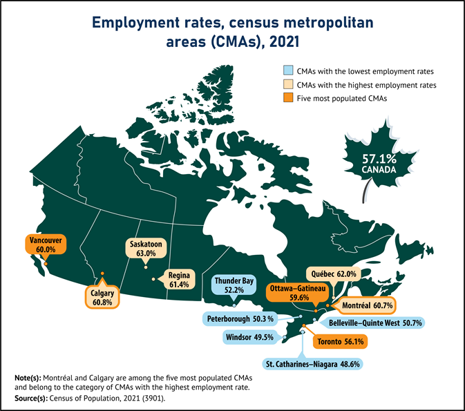 Thumbnail for map 2: Employment rates are highest in the Prairie provinces and Quebec