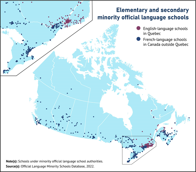 Thumbnail for map 4: In 2022, there were more than 1,000 minority official language schools in Canada, with 270 in Quebec and 750 in Canada outside Quebec
