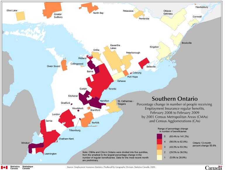 Southern Ontario: Percentage change in number of employment insurance regular beneficiaries, January 2008 to January 2009 by 2001 Census Metropolitan Areas (CMAs) and Census Agglomerations (CAs)