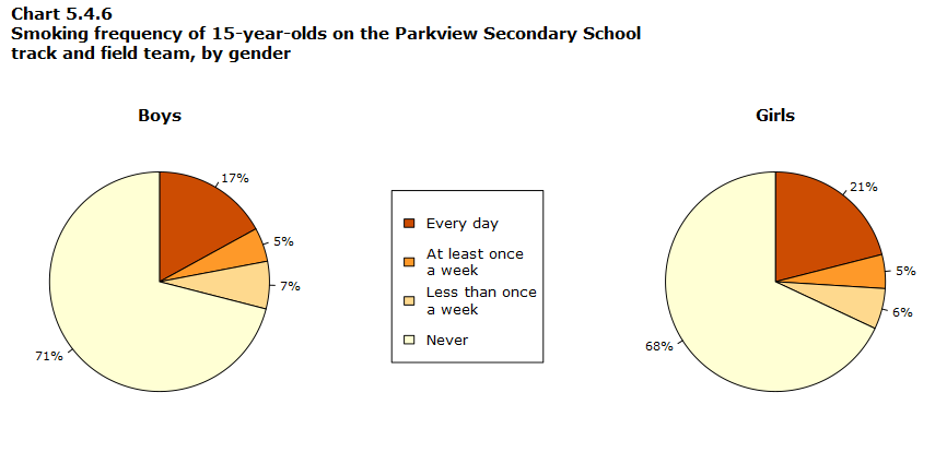 Chart 5.4.6 Smoking frequency of 15-year-olds on the Parkview Secondary School track and field team (pie charts)