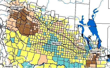 Example of thematic map: Average AVHRR NDVI by municipality (CCS) for Julian week 27, 2009 over the Canadian Prairies