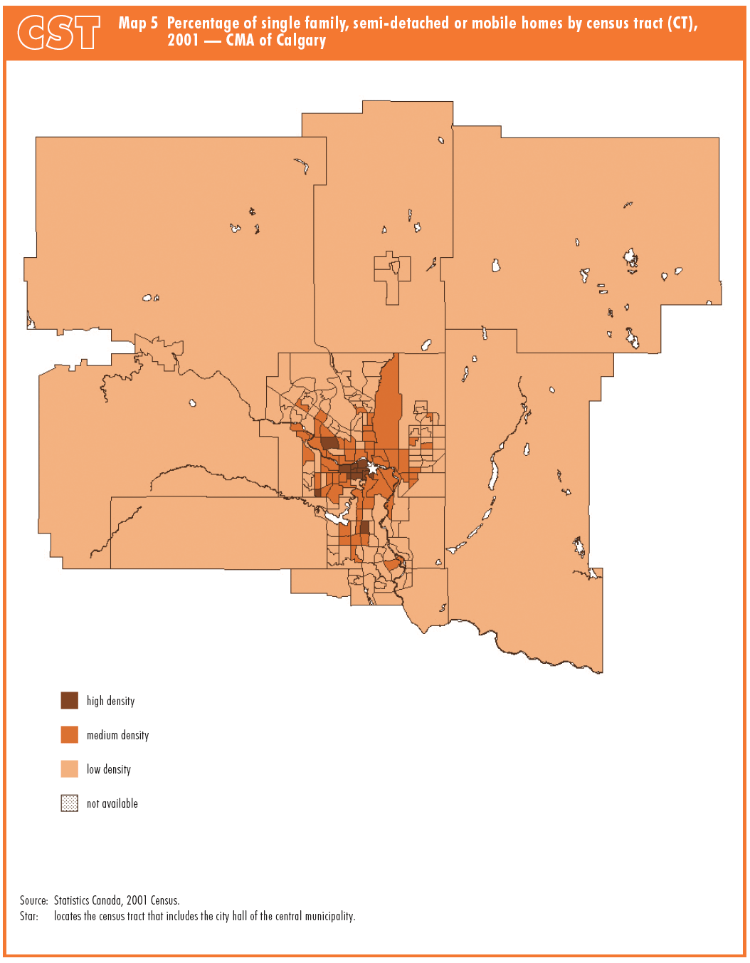 Map 5 Percentage of single family, semi-detached or mobile homes by census tract (CT), 2001 — CMA of Calgary