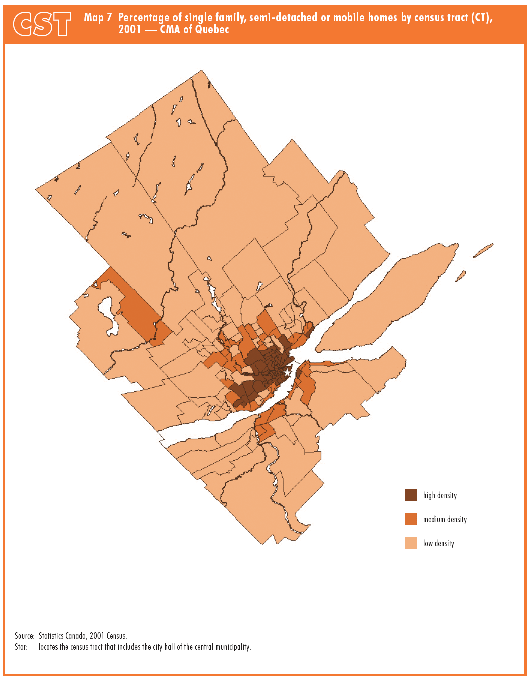 Map 7 Percentage of single family, semi-detached or mobile homes by census tract (CT), 2001 — CMA of Quebec