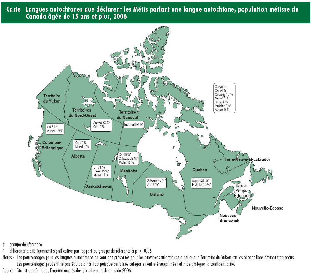 Carte Langues autochtones dclares par les Mtis parlant une langue autochtone, population mtisse du Canada ge de 15 ans et plus, 2006