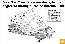 Map 15.4  Canada’s watersheds, by the degree of rurality of the population, 2001