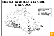 Map 15.5  Adult obesity, by health region, 2005