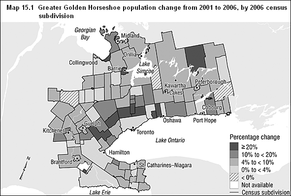 Map 15.1  Greater Golden Horseshoe population change from 2001 to 2006, by 2006 census subdivision