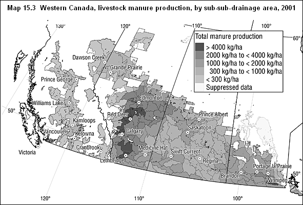 Map 15.3  Western Canada, livestock manure production, by sub-sub-drainage area, 2001