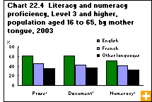 Chart 22.4  Literacy and numeracy proficiency, Level 3 and higher, population aged 16 to 65, by mother tongue, 2003 