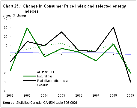 Chart 25.1 Change in Consumer Price Index and selected energy indexes