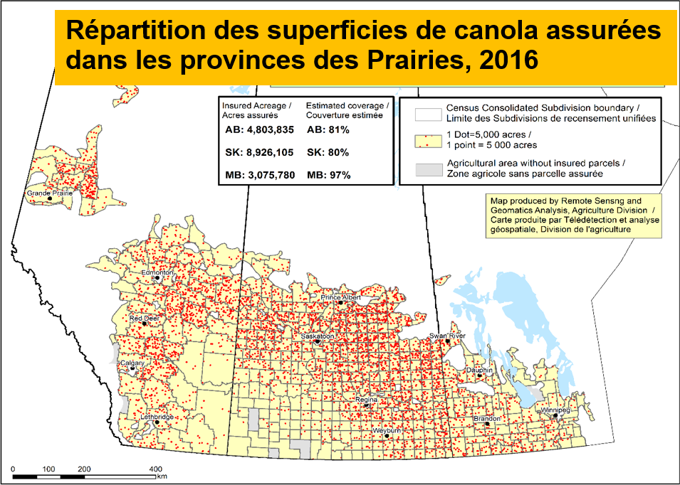 Carte 3 - Répartition des superficies de canola assurées dans les provinces des Prairies, 2016