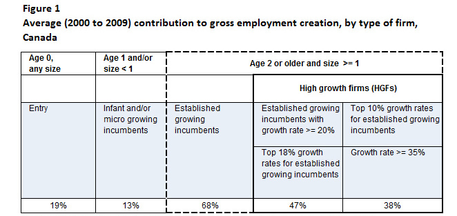 Figure 1 Average (2000 to 2009) contribution to gross employment creation, by type of firm, Canada. (Descriptive note follows.)