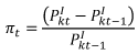 Pi indice inférieur t égale ouvrir la parenthèse P indice supérieur I indice inférieur k t moins P indice supérieur I indice inférieur k t moins 1 fermer la parenthèse divisé par P indice supérieur I indice inférieur k t moins 1