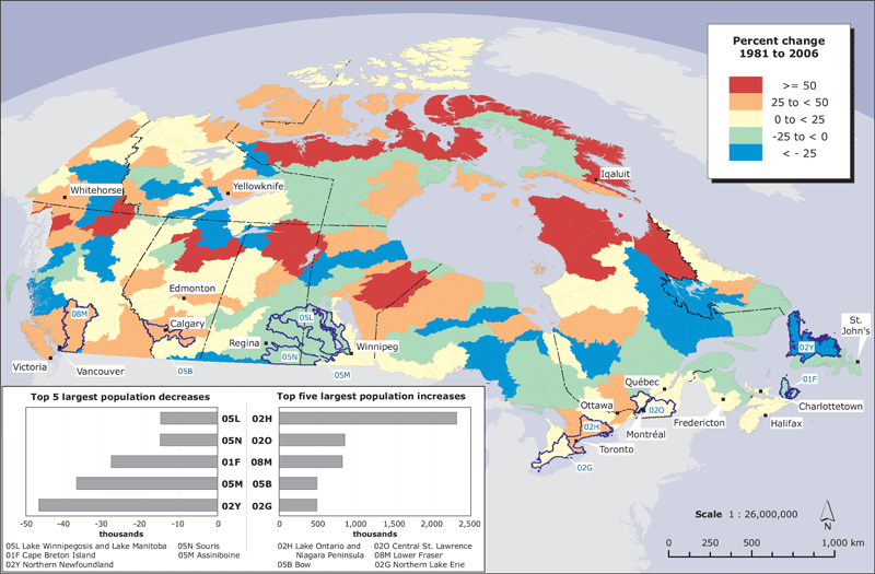 Map 1 Total population change, by sub-drainage area, 1981 to 2006