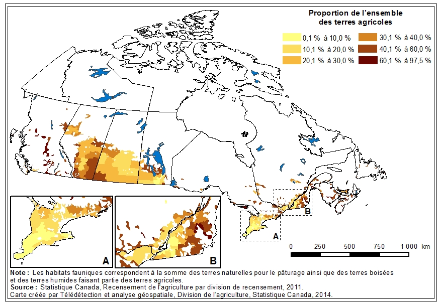 Carte 1 Habitats fauniques sur les terres agricoles, Canada, 2011