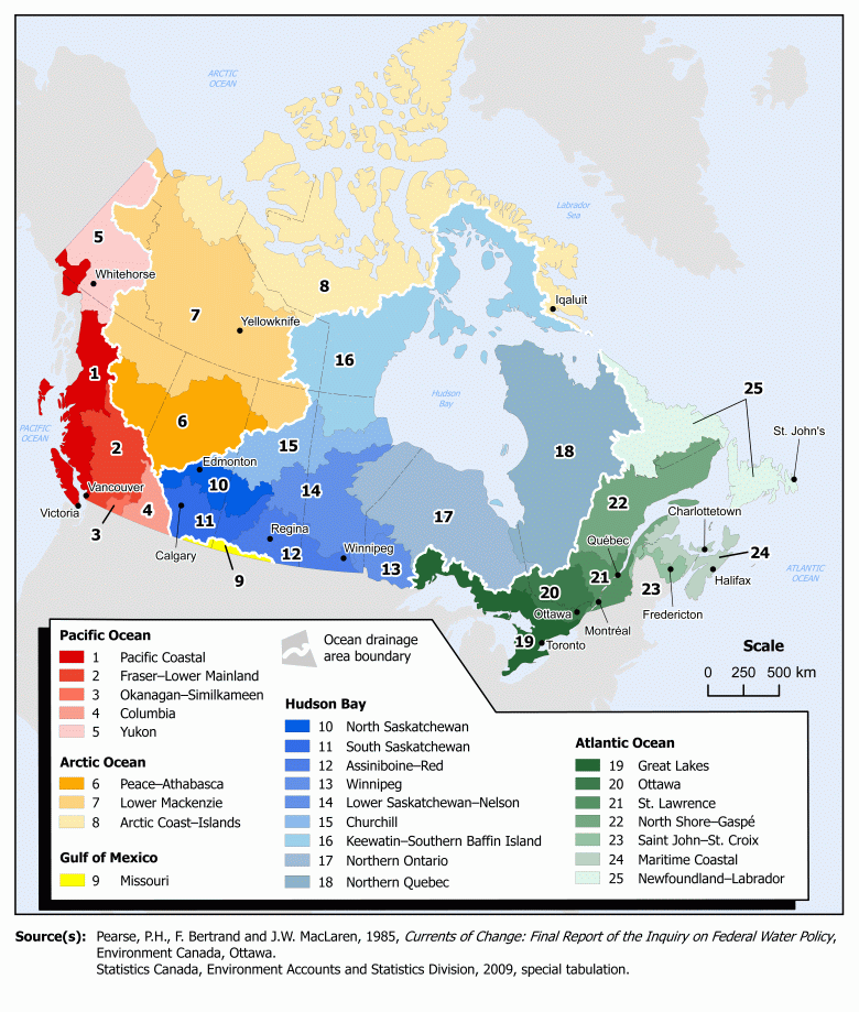 Ocean drainage areas and drainage regions of Canada