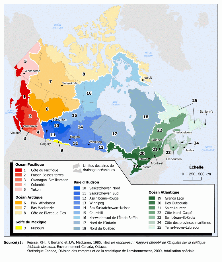 Aires de drainage océaniques et régions de drainage au Canada