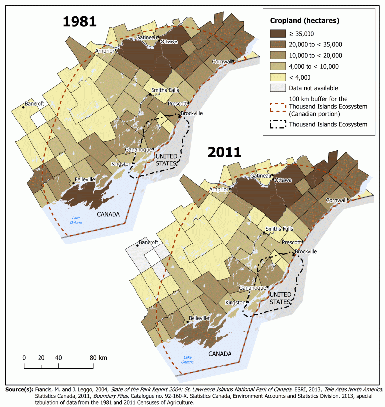 Pressure on the Thousand Islands National Park: Cropland, 1981 and 2011