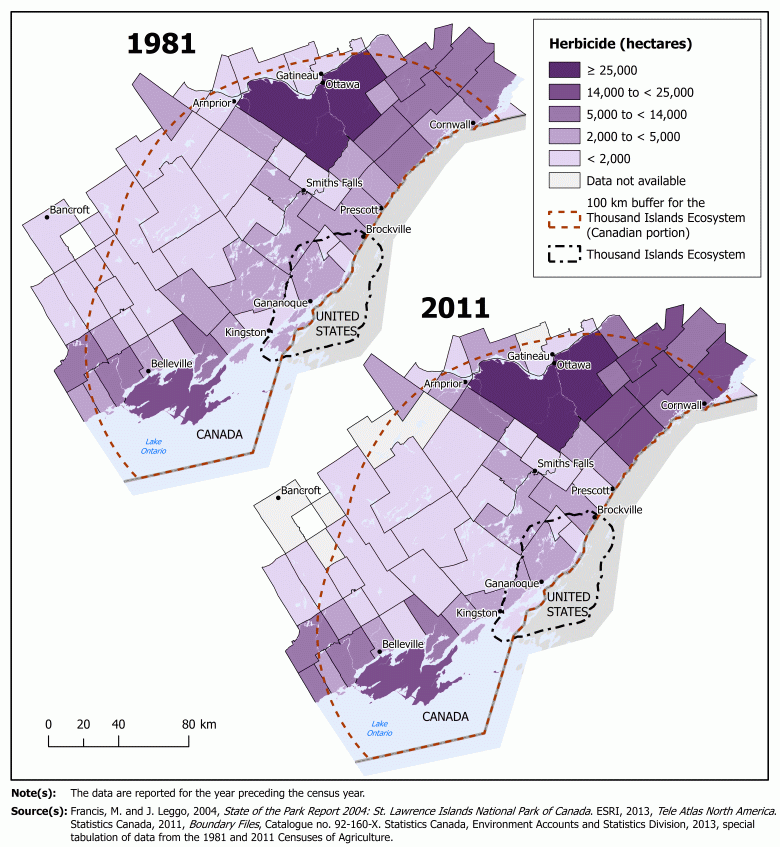 Pressure on the Thousand Islands National Park: Area treated with herbicide, 1981 and 2011