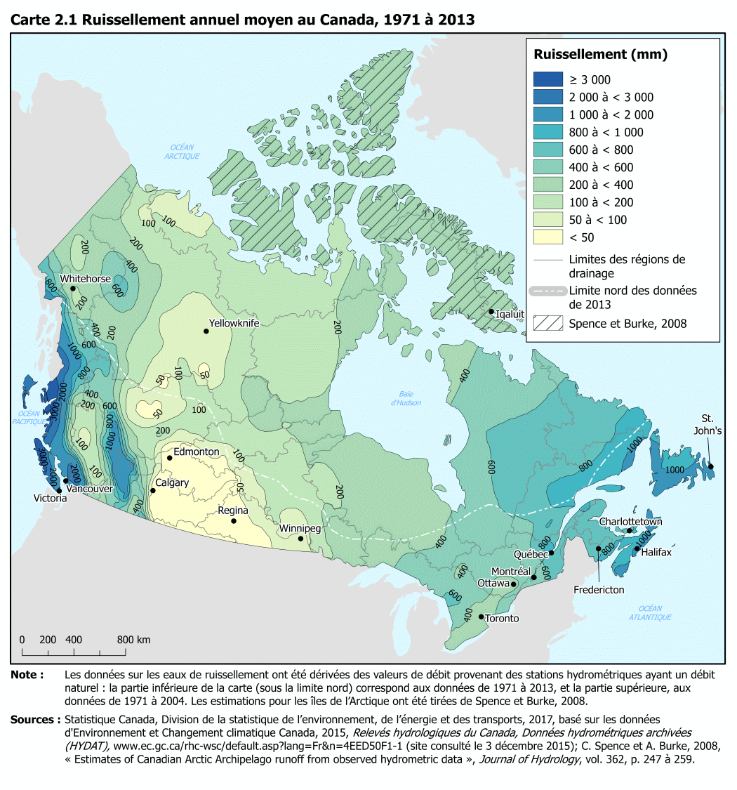 Carte 2.1 Ruissellement annuel moyen au Canada, 1971 à 2013