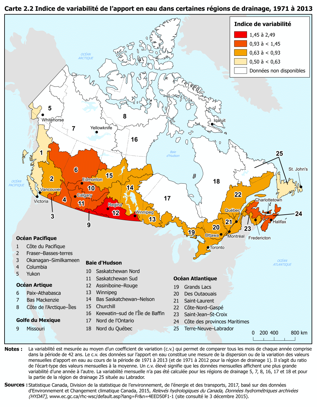 Carte 2.2 Indice de variabilité de l’apport en eau dans certaines régions de drainage, 1971 à 2013