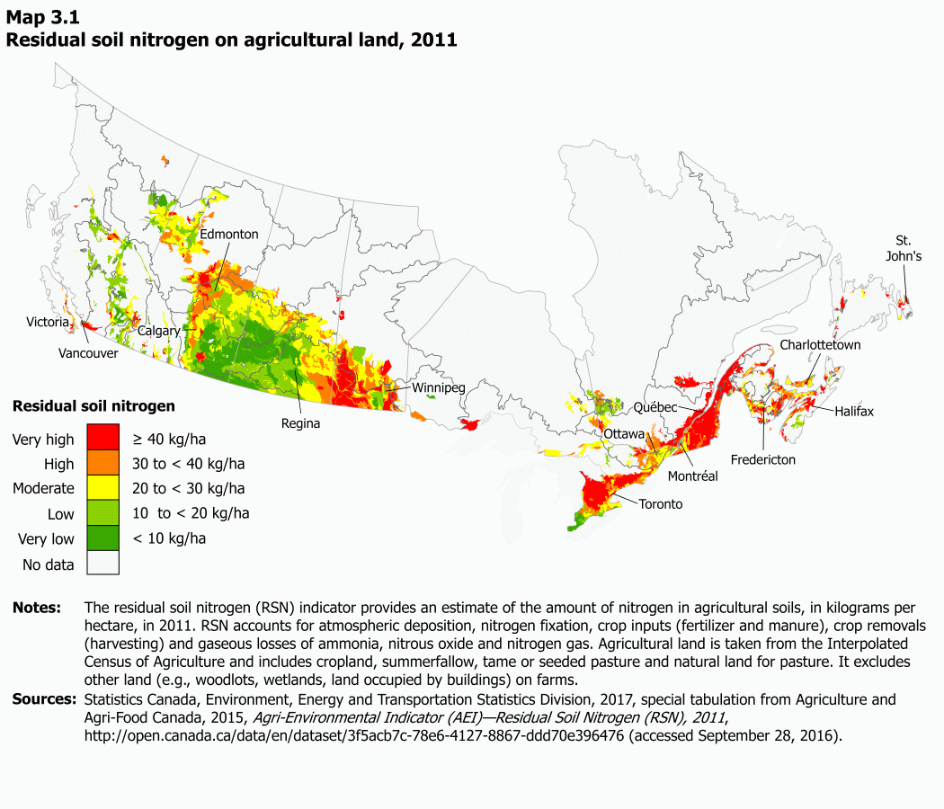 Map 3.1 Residual soil  nitrogen on agricultural land, 2011