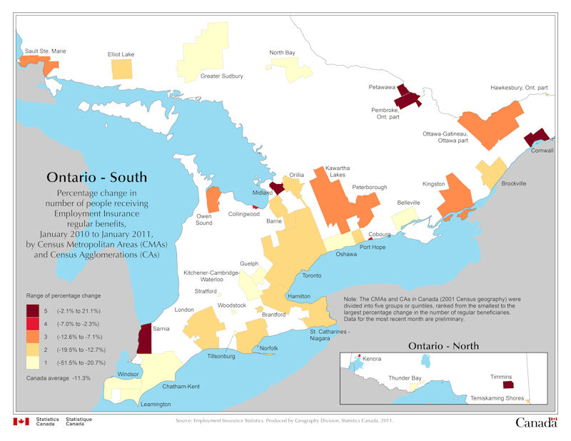 Map 4 Ontario: Percentage change in number of people receiving Employment Insurance regular benefits, January 2010 to January 2011, by Census Metropolitan Areas (CMAs) and Census Agglomerations (CAs)
