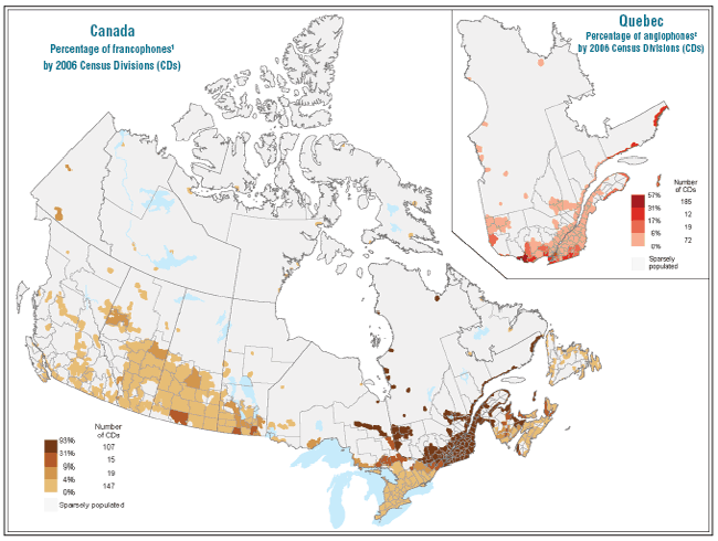 Map 1 Canada Percentage of francophones by 2006 Census Divisions (CDs)