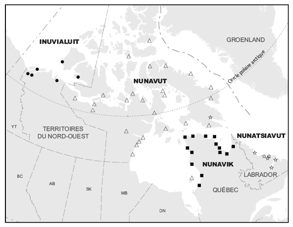 Carte 1 Collectivités peuplées d'Inuits (33 % ou plus d'Inuits), selon la région, Canada, 2001