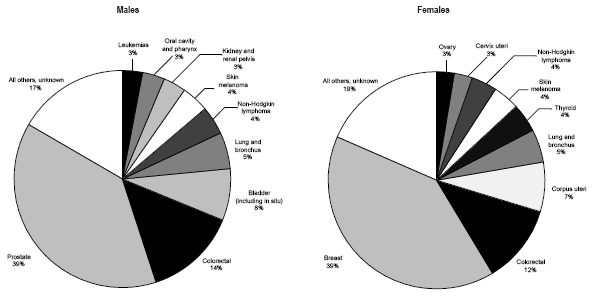 Figure 2 Distribution of ten-year prevalent cancer cases, by sex and cancer, January 1, 2005