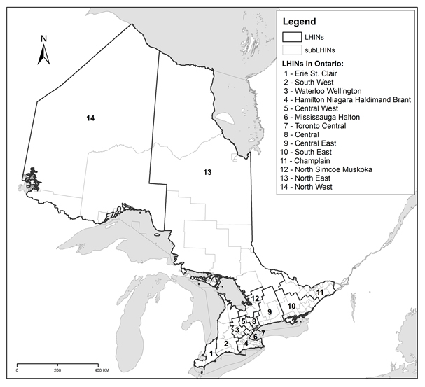 Figure 1 Ontario Local Health Integration Networks (LHINs) and sub-LHINs