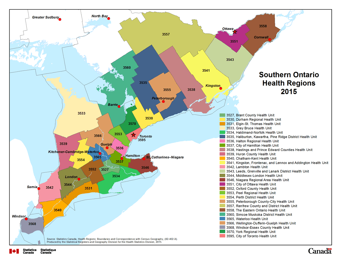 Map 7 Ontario, Health Units – Southern Ontario Health Regions, 2015
