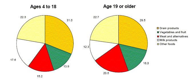Chart 2. Percentage distribution of sources of calories, by food group and age group, household population aged 4 or older, Canada excluding territories, 2004