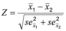 To test the significance of the difference between two means, the Z statistic is the difference between the mean of an estimate in population 1 and the mean of that estimate in population 2 divided by the square root of the sum of the squared standard errors of these two means. 